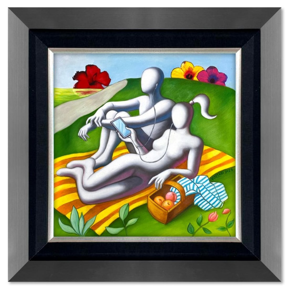 Mark Kostabi, "Blossoming Connection" Framed Original Oil Painting on Canvas, Hand Signed with COA: Blossoming Connection is an original oil painting on canvas by Mark Kostabi, hand signed by the artist. This piece comes custom framed. Includes Certificate of Authenticity. Measures approx. 28" x 34"