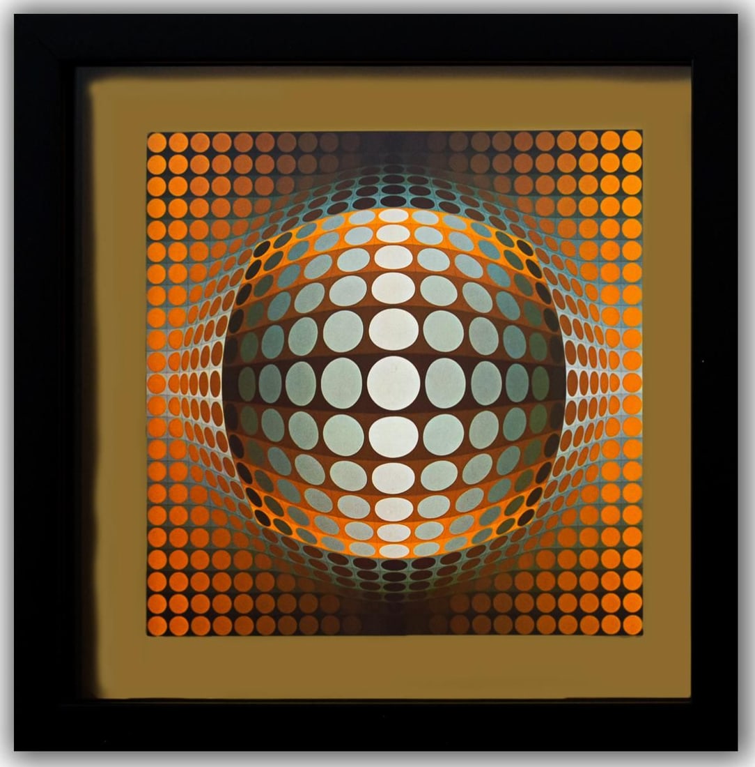 Victor Vasarely- Heliogravure Print "Vega - Zett - 2": Artist: Victor Vasarely. Medium: Heliogravure Print. Title: Vega - Zett - 2. Size: 10" x 10". Measures approx. 12" x 12" (framed). Additional: Custom Framed , 1975. Reference#: 21390.