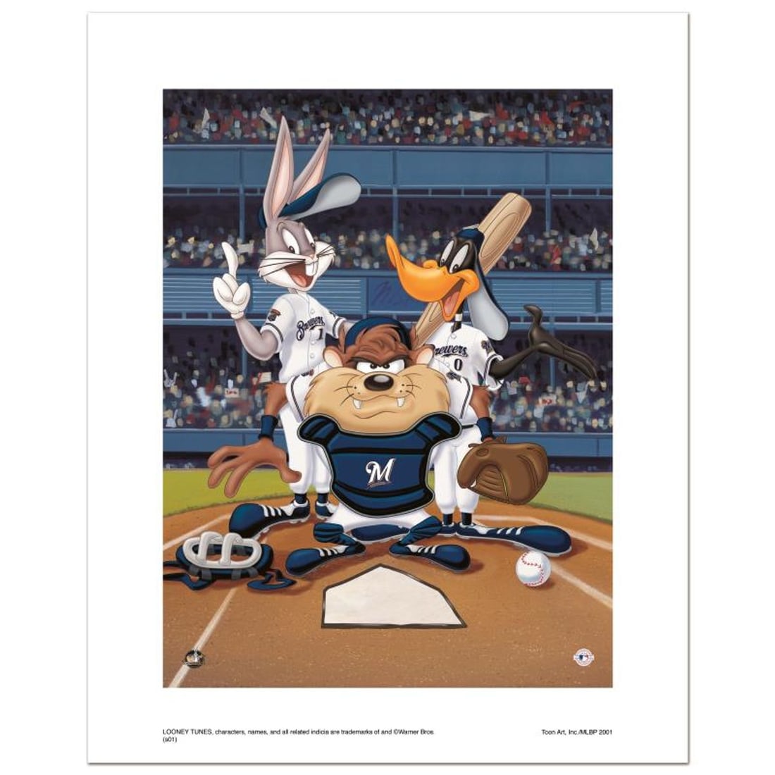 At the Plate (Brewers) Numbered Limited Edition Giclee from Warner Bros. with Certificate of: At the Plate (Brewers) is a limited edition giclee on paper from Warner Bros. featuring iconic Looney Tunes characters in Milwaukee Brewers MLB uniforms. It comes numbered, with hologram seal, and a C