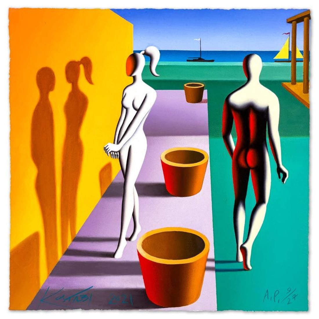 Mark Kostabi, "Love at First Sight" Limited Edition, AP Numbered 9/27 and Hand Signed with Letter of: Love at First Sight is a limited edition giclee on paper by Mark Kostabi, AP numbered 9/27 and hand signed by the artist. Includes Letter of Authenticity. Measures approx. 18" x 18" (image).