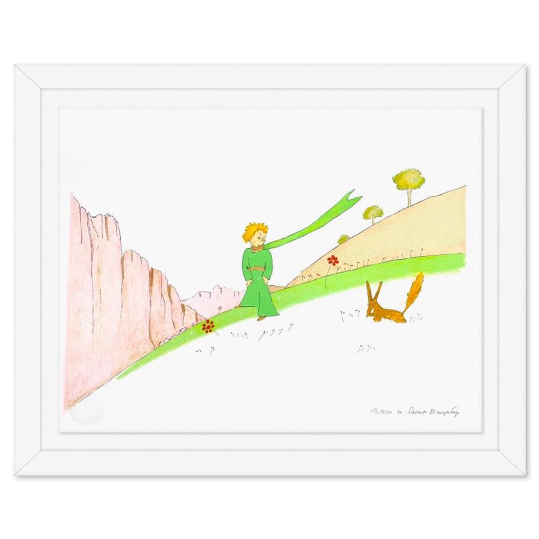 Antoine de Saint-Exupery 1900-1944 (After), "The Little Prince And The Fox" Framed Limited Edition: The Little Prince And The Fox is a limited edition lithograph on paper by Antoine de Saint-Exupery 1900-1944 (After), bearing the plate signature of the artist.This piece comes from an edition of 300 