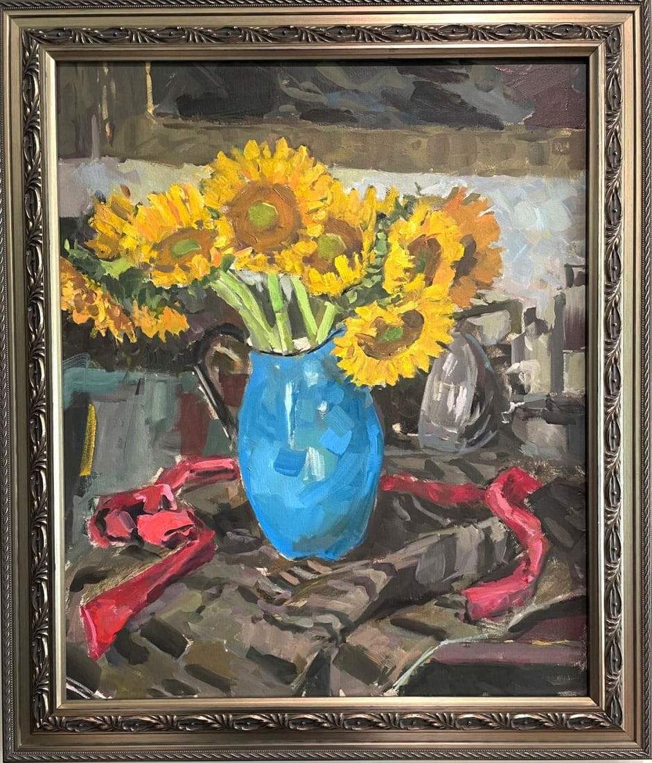Boris Tyomkin- Oil on canvas "Sunflowers": Artist: Boris Tyomkin. Medium: Oil on canvas. Title: Sunflowers. Size: 20" x 24". Reference#: 25031.