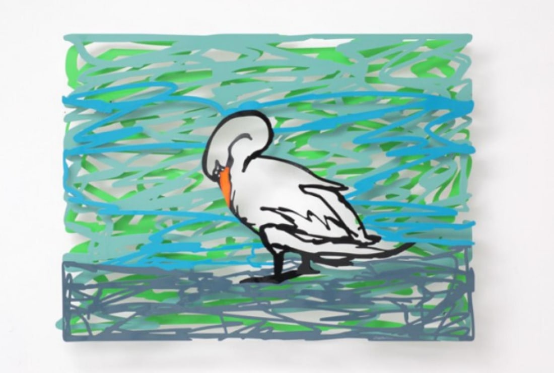 David Gerstein- Mixed Media Cutout Aluminum "Swan lake": Artist: David Gerstein. Medium: Mixed Media Cutout Aluminum. Title: Swan lake. Size: 47" x 35". Signature: Signed and numbered. Certificate of Authenticity: Is included. Additional: Edition of 75. Ref