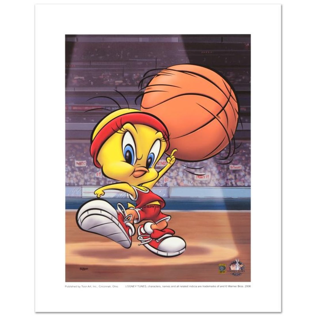 Roundball Tweety Limited Edition Giclee from Warner Bros., Numbered with Hologram Seal and: Roundball Tweety is a limited edition giclee on paper from Warner Bros., numbered with hologram seal of Authenticity. Also, includes Certificate of Authenticity! Measures approx. 16" x 20" (with borde