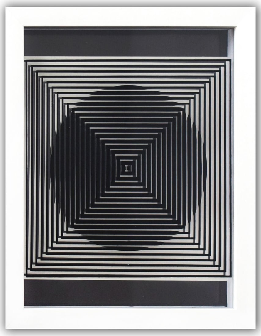 Victor Vasarely- 3D Wall Sculpture/object "Cinetiques": Artist: Victor Vasarely. Medium: 3D Wall Sculpture/object. Title: Cinetiques. Size: 11" x 9". Measures approx. 13" x 10.5" (framed). Additional: Custom Framed. 2 layers- Top layer printed on clear Luc
