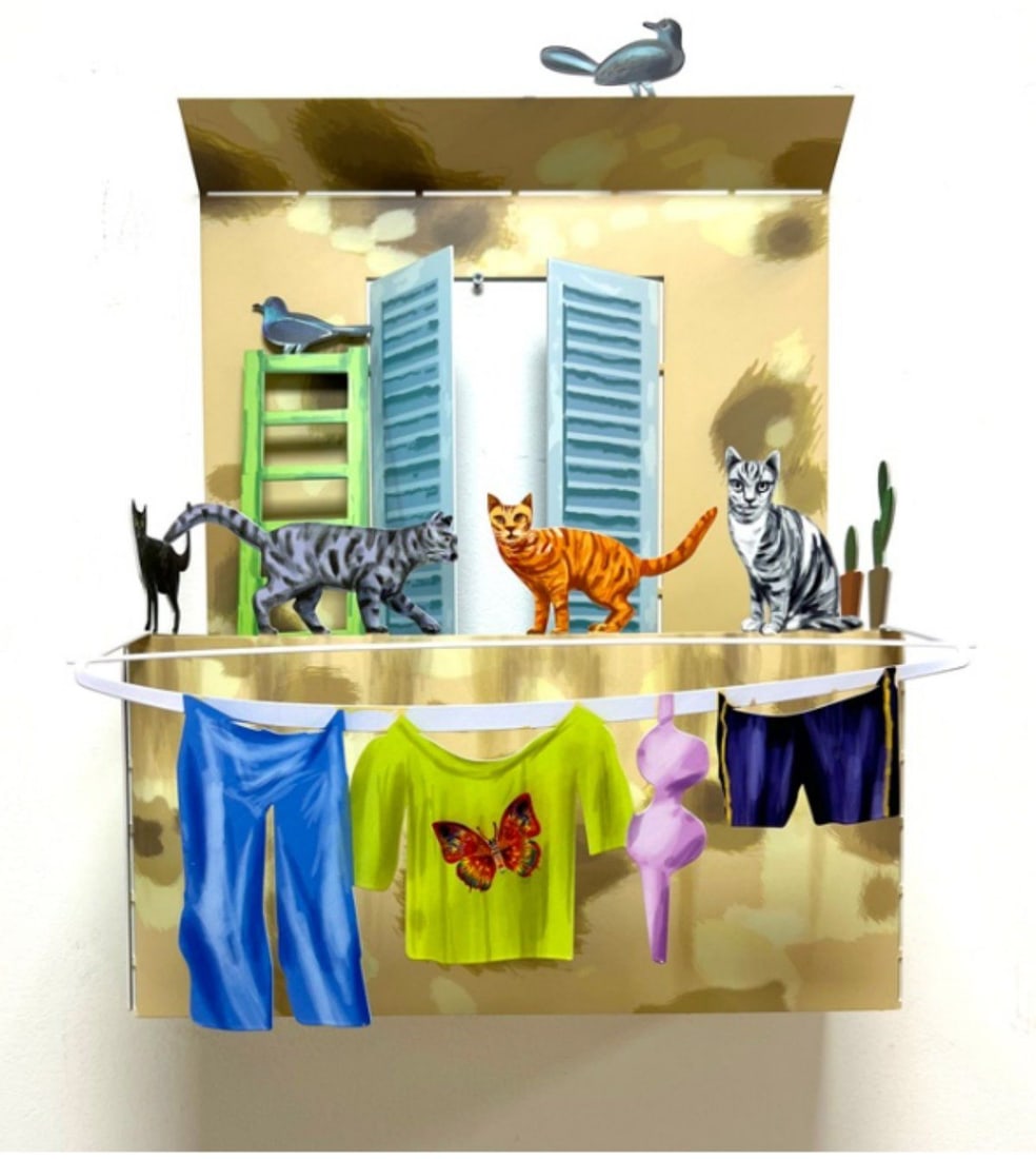 David Gerstein- Print on Steel "BALCONY WITH CATS": Artist: David Gerstein. Medium: Print on Steel. Title: BALCONY WITH CATS. Signature: Signed by the artist. Certificate of Authenticity: Is included. Additional: Size: W:9.8" x H:13" x D:6.6". print