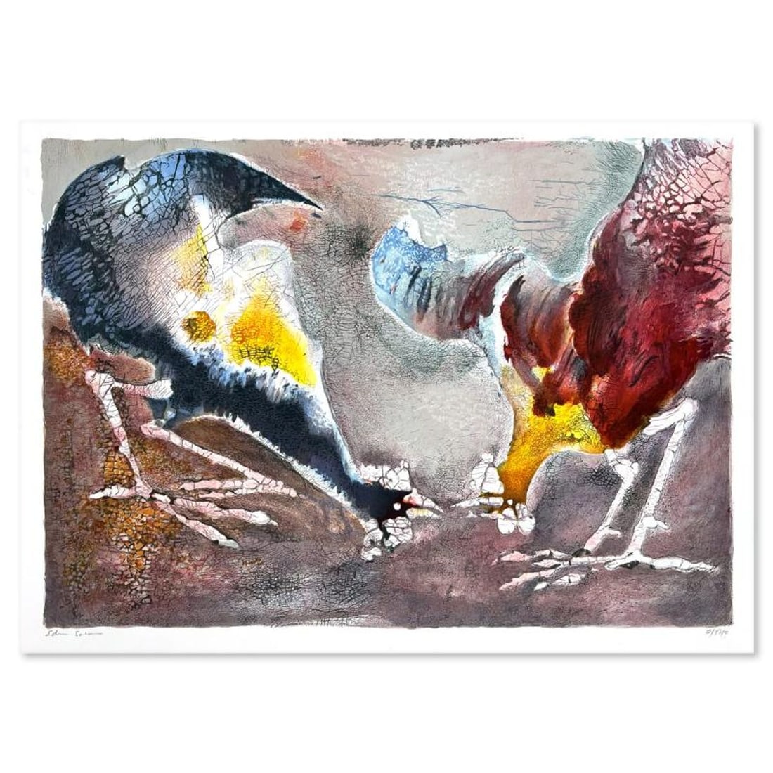 Edwin Salomon (1935-2014), "Two Roosters" Limited Edition Serigraph, Hand Signed and Numbered;: Two Roosters is a limited edition serigraph on paper by Edwin Salomon (1935-2014). The piece comes hand signed by the artist, numbered, and with a letter of authenticity. Measures approximately 19" x