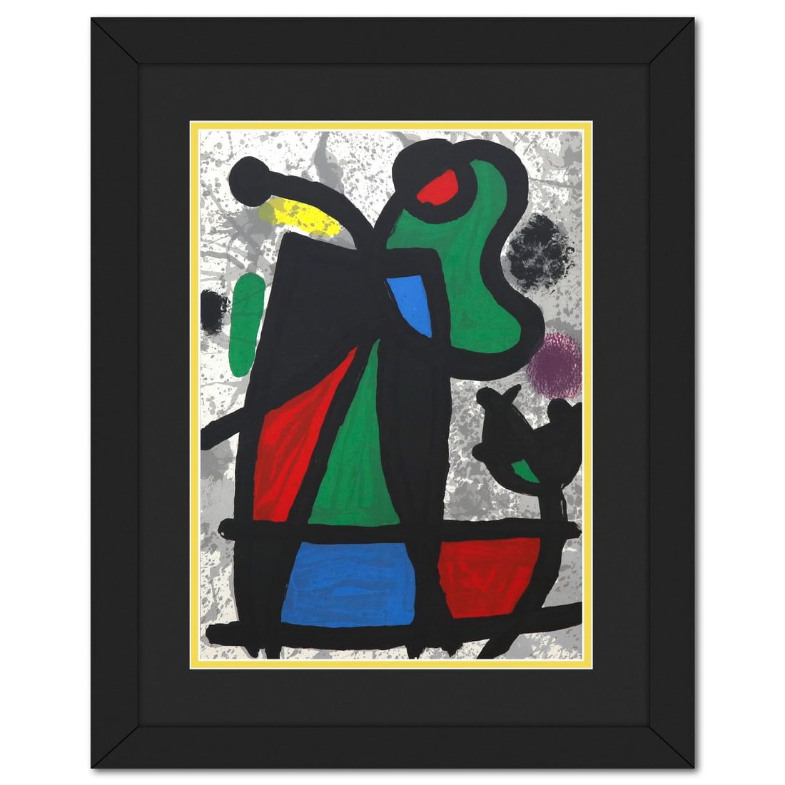 After Joan Miro- Lithograph on Rivoli paper "DLM186 - Composition II": Artist: After Joan Miro. Medium: Lithograph on Rivoli paper. Title: DLM186 - Composition II. Size: 15" x 11". Measures approx. 16.5" x 21.5" (framed). Certificate of Authenticity: Is included.