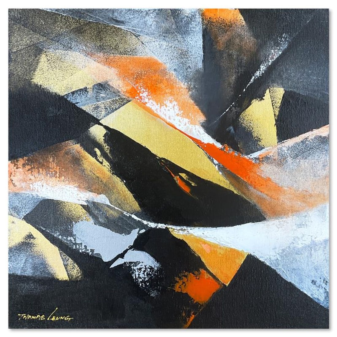 Thomas Leung, "Gold Fusion I" Original Acrylic Painting on Canvas Board, Hand Signed with Letter of: Gold Fusion I is an original acrylic painting on canvas board by Thomas Leung, hand signed by the artist. Includes Letter of Authenticity. Measures approx. 15" x 15" (image).