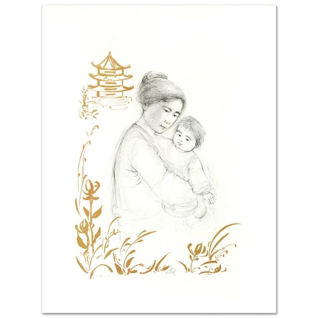 Lei Jeigiong and her Baby in the Garden of Yun-Tai Limited Edition Lithograph by Edna Hibel: Lei Jeigiong and her Baby in the Garden of Yun-Tai is a limited edition lithograph on paper, numbered and hand signed by Edna Hibel (1917-2014). Includes Certificate of Authenticity! Measures approx. 