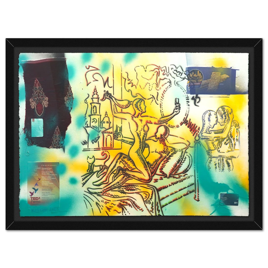Mark Kostabi- Original Mixed Media on Paper "Dreaming Of Stardom": Artist: Mark Kostabi. Medium: Original Mixed Media on Paper. Title: Dreaming Of Stardom. Size: 29" x 42". Measures approx. 35" x 47" (framed). Signature: Hand signed. Certificate of Authenticity: Is i