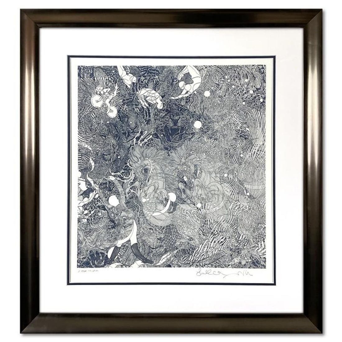 Guillaume Azoulay, "Le Circue (Blue)" Framed Limited Edition Etching, Numbered 1/1 and Hand Signed: Le Circue (Blue) is a limited edition etching on paper by Guillaume Azoulay, numbered 1/1 and hand signed by the artist. This piece comes custom framed. Includes Letter of Authenticity. Measures appro