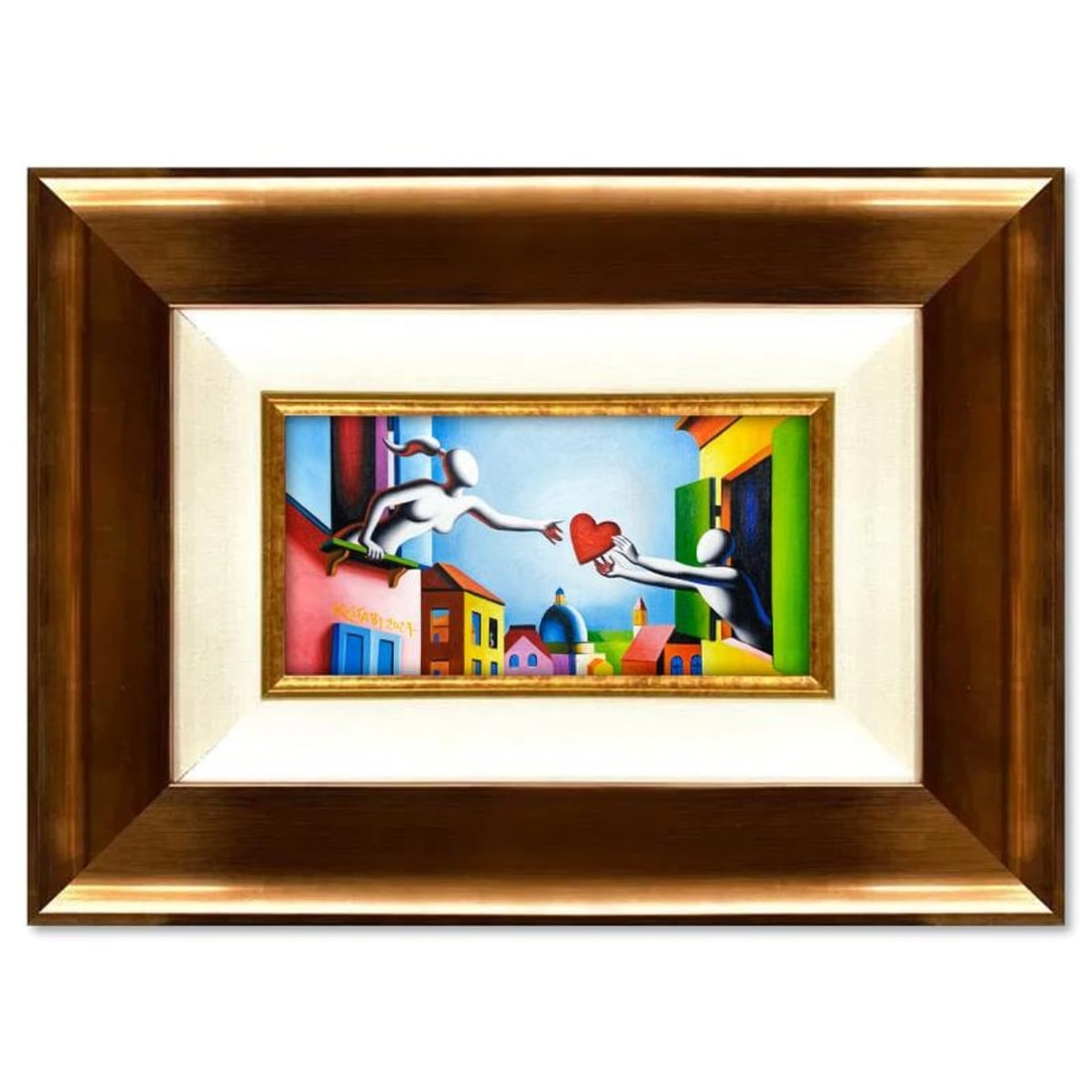 Mark Kostabi, "No Matter What" Framed Original Oil Painting on Canvas, Hand Signed with a: No Matter Whatis an original oil painting on canvas by Mark Kostabi, hand signed by the artist. This piece comes custom framed. Includes Certificate of Authenticity. Measures approx. 18" x 26"