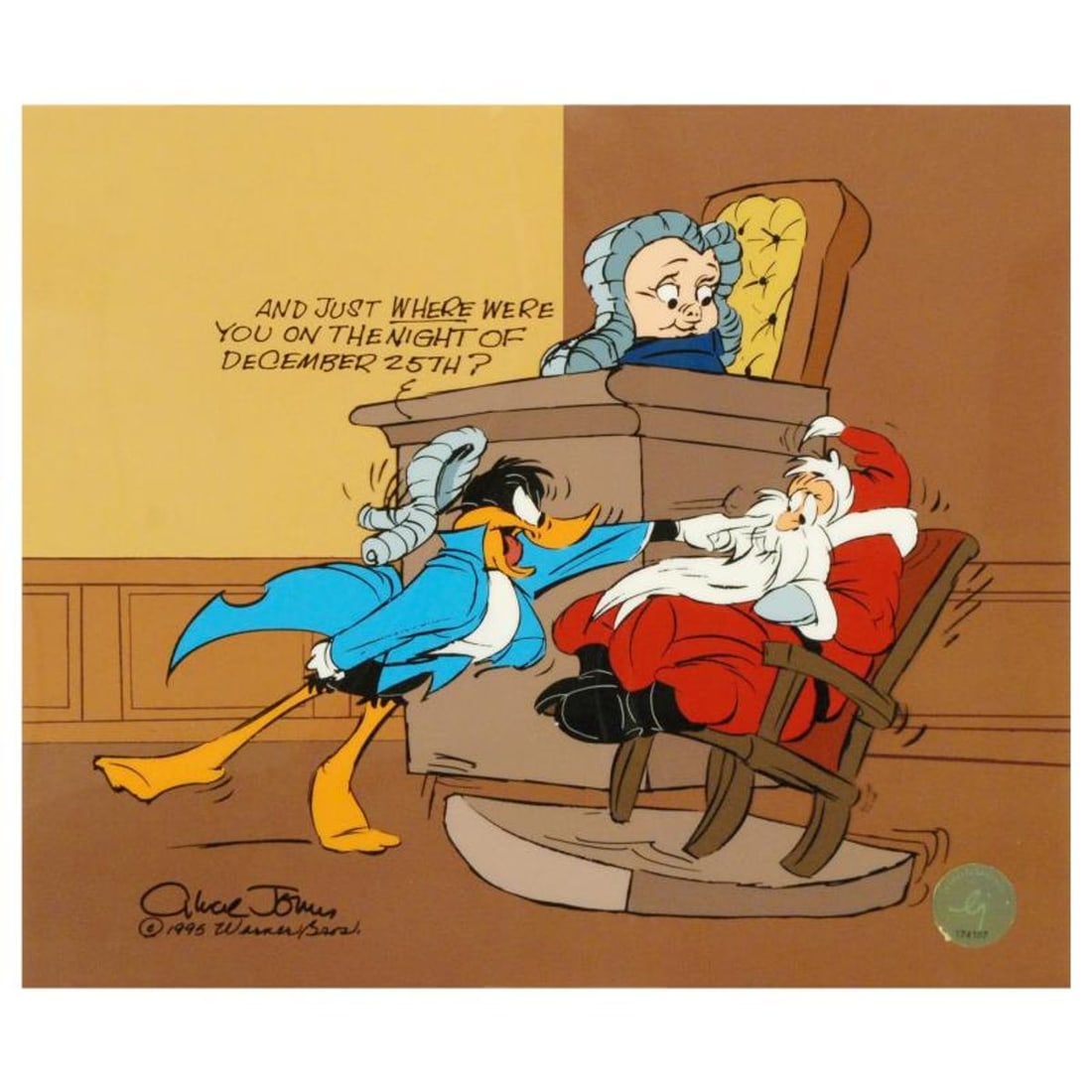 Santa on Trial by Chuck Jones (1912-2002). Limited Edition Animation Cel with Hand Painted Color.: Own this amazing piece based on the original line image hand drawn and hand-inked on paper by Chuck Jones! "Santa on Trial" is a sold out limited edition animation cel with hand painted coloring on
