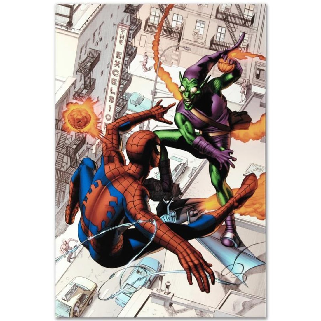 Marvel Comics "Dark Reign:The Goblin Legacy One-Shot" Numbered Limited Edition Giclee on Canvas by: A piece of comic book history, this limited edition, from original art by Mike Mayhew, depicts a sky battle scene between the Green Goblin and Spider-Man. Mike Mayhew has been working in comics since 