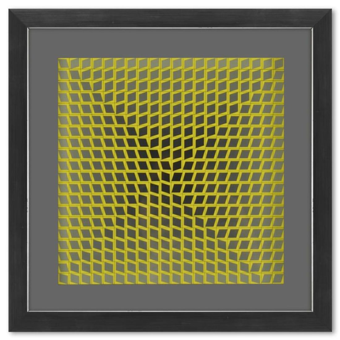 Victor Vasarely (1908-1997), "Illik de la serie CTA - 102" Framed 1971 Heliogravure Print with: Illik de la serie CTA - 102 is a heliogravure print on paper, published in 1971, by Victor Vasarely (1908-1997). This piece comes custom framed, with a letter of authenticity and with a 1976 Vasarely 