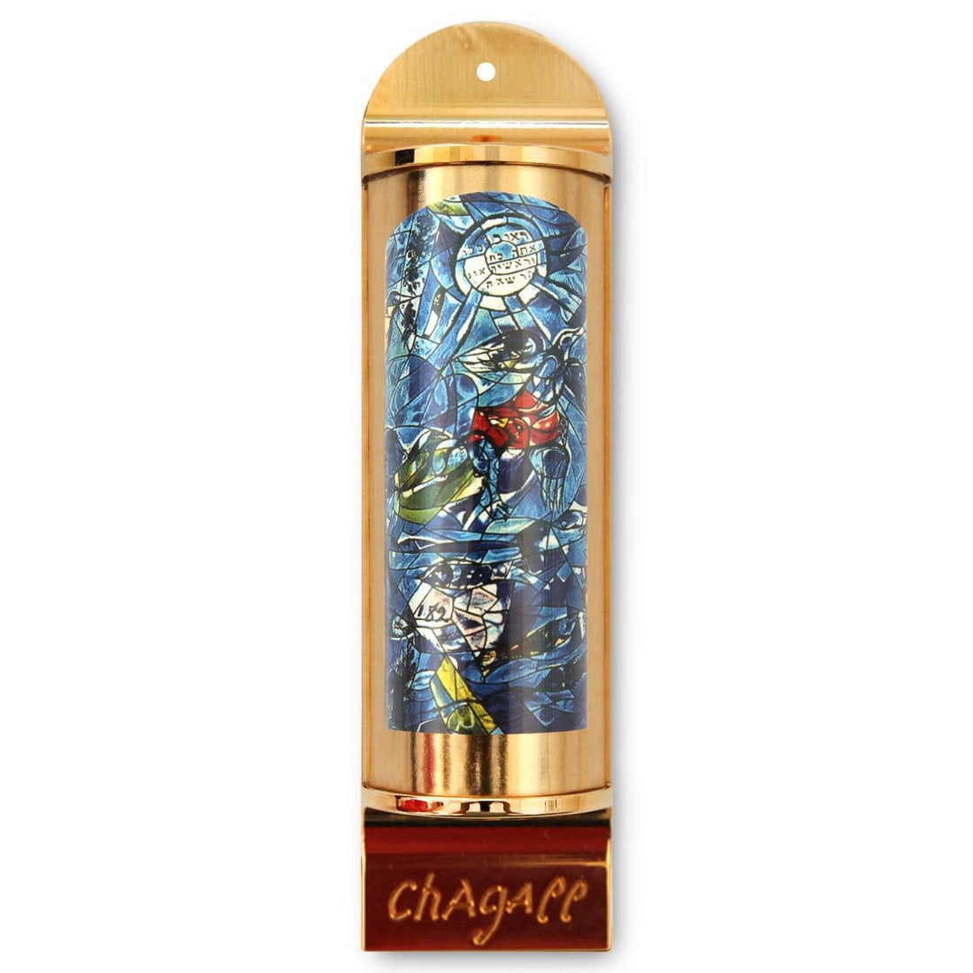 Marc Chagall- Mezuzah/ Silkscreen on 24K gold plated bronze "Reuben": Artist: Marc Chagall. Medium: Mezuzah/ Silkscreen on 24K gold plated bronze. Title: Reuben. Size: 5.1" x 1.4". Certificate of Authenticity: Is included. Additional: Limited edition of 1800. Full