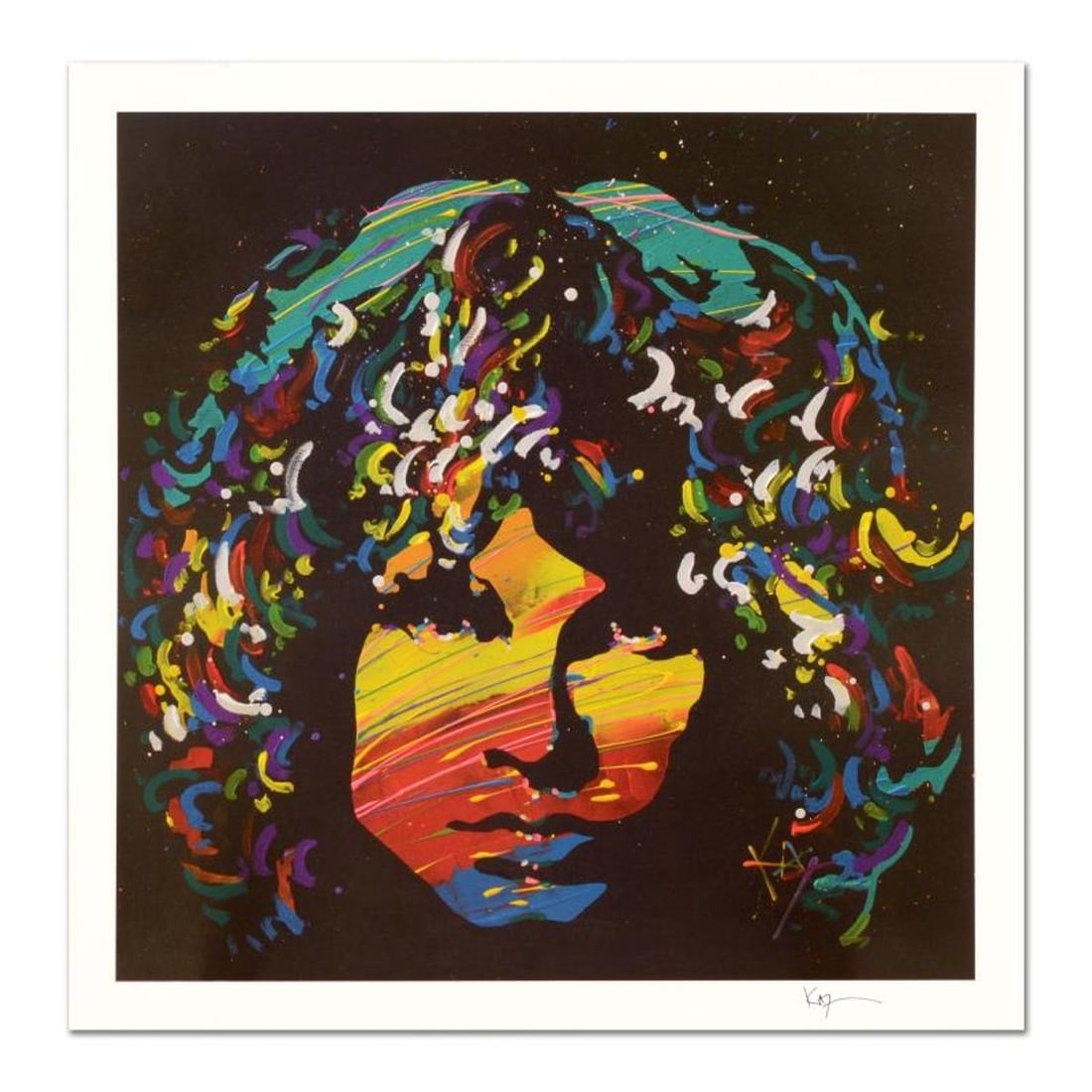 KAT, "Jim Morrison" Limited Edition Lithograph, Numbered and Hand Signed with Certificate of: Jim Morrison is a limited edition lithograph on paper by KAT, numbered and hand signed by the artist. Includes Certificate of Authenticity. Measures approx. 20" x 20" (border); 17" x 17" (image). **