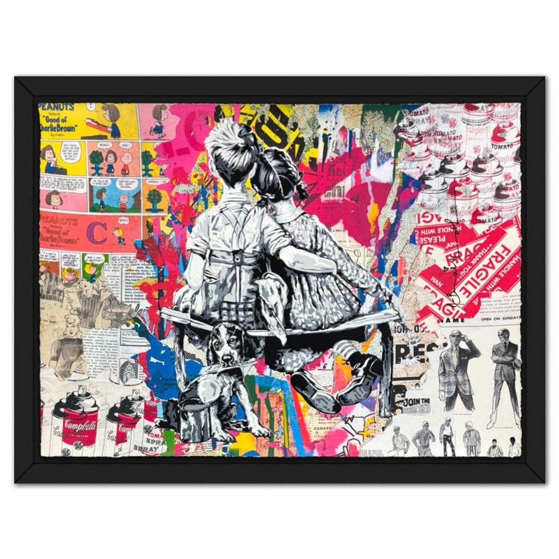 Mr Brainwash, '"Work Well Together" Framed Unique (UNQ) Mixed Media, Hand Signed with Certificate of: Work Well Together is a unique (UNQ) mixed media on deckle edge paper by Mr Brainwash, hand signed and thumbprinted inverso by the artist. This piece comes custom framed. Includes Certificate of Authe