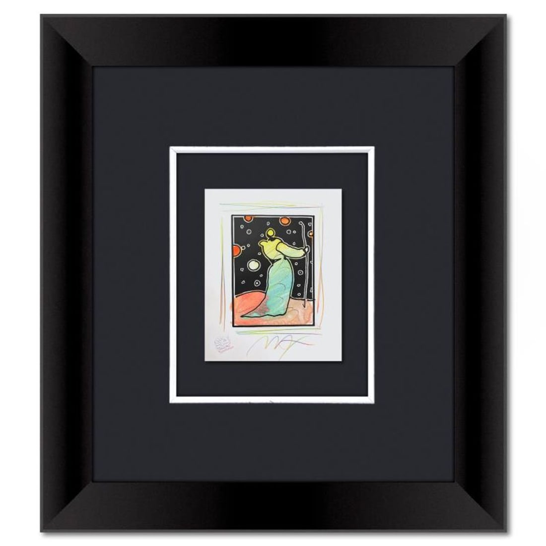 Peter Max, Framed One-of-a-Kind Mixed Media, Hand Signed with Registration Number Certifying: This is a one-of-a-kind mixed media on paper, hand signed by Peter Max. The piece comes custom framed with a backside cutout to display Peter Max Studio registration number 372153 certifying