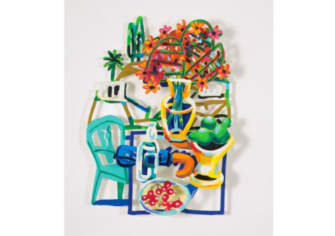 David Gerstein- Mixed Media Cutout Aluminum "Table with Pears": Artist: David Gerstein. Medium: Mixed Media Cutout Aluminum. Title: Table with Pears. Size: 18" x 26". Signature: Signed and numbered. Certificate of Authenticity: Is included. Additional: Edition of 
