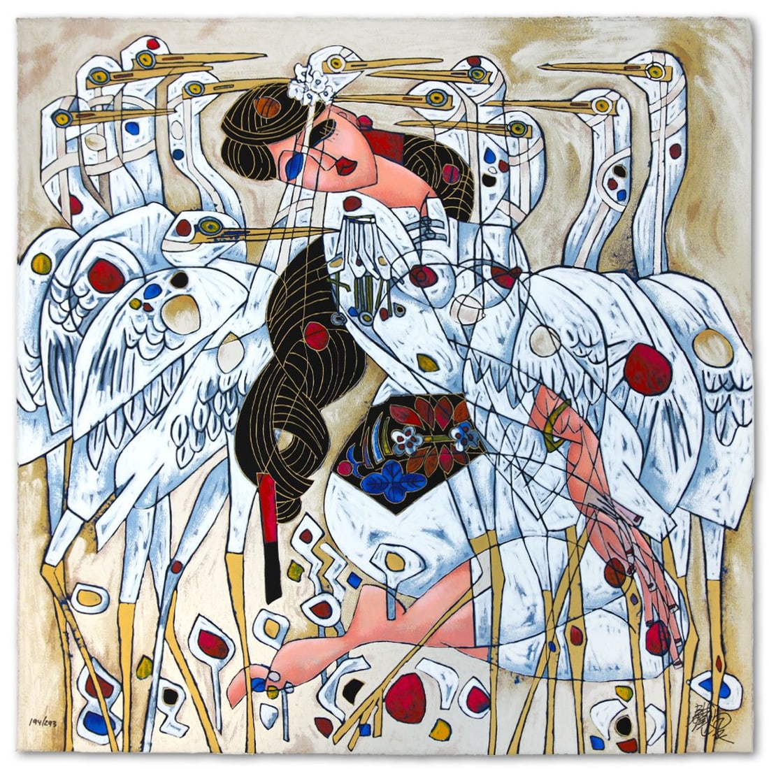 Jian Tie Feng- Silkscreen "Morning with Cranes": Artist: Jian Tie Feng. Medium: Silkscreen. Title: Morning with Cranes. Size: 31" x 31". Signature: Hand Signed and Numbered. Reference#: 80567.