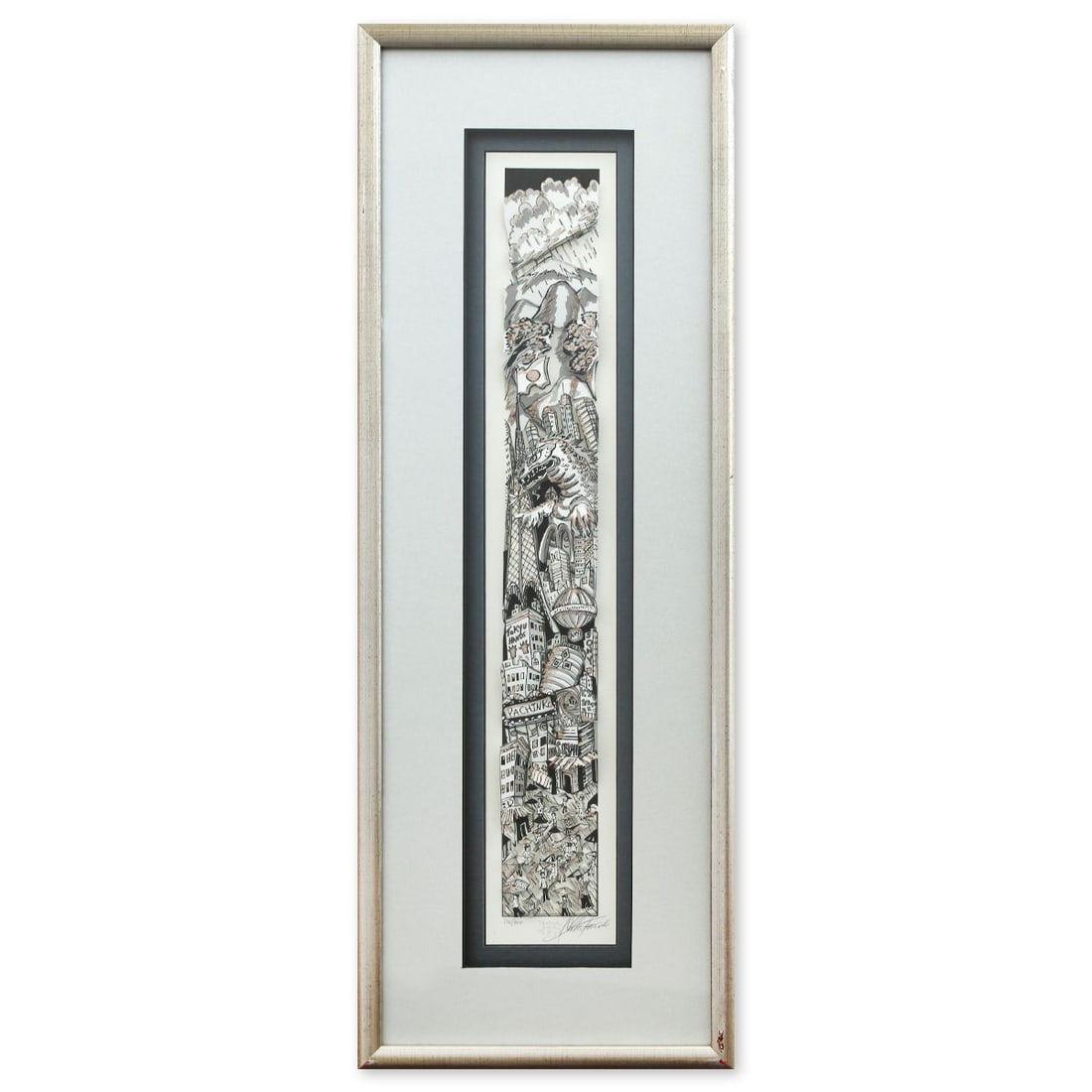 Charles Fazzino- 3D Construction Silkscreen Serigraph "Terror Over Tokyo": Artist: Charles Fazzino. Medium: 3D Construction Silkscreen Serigraph. Title: Terror Over Tokyo. Size: 24" x 5". Measures approx. 30" x 11" (framed). Signature: Hand Signed and numbered. Certificate o