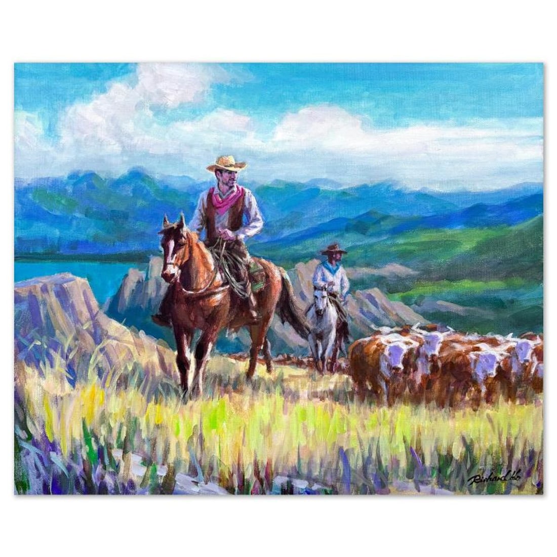 Richard Ho, "To Greener Pastures" Original Acrylic Painting on Canvas, Hand Signed with Letter of: To Greener Pastures is an original acrylic painting on stretched canvas by Richard Ho, hand signed by the artist. Includes Letter of Authenticity. Measures approx. 20" x 24" (image).