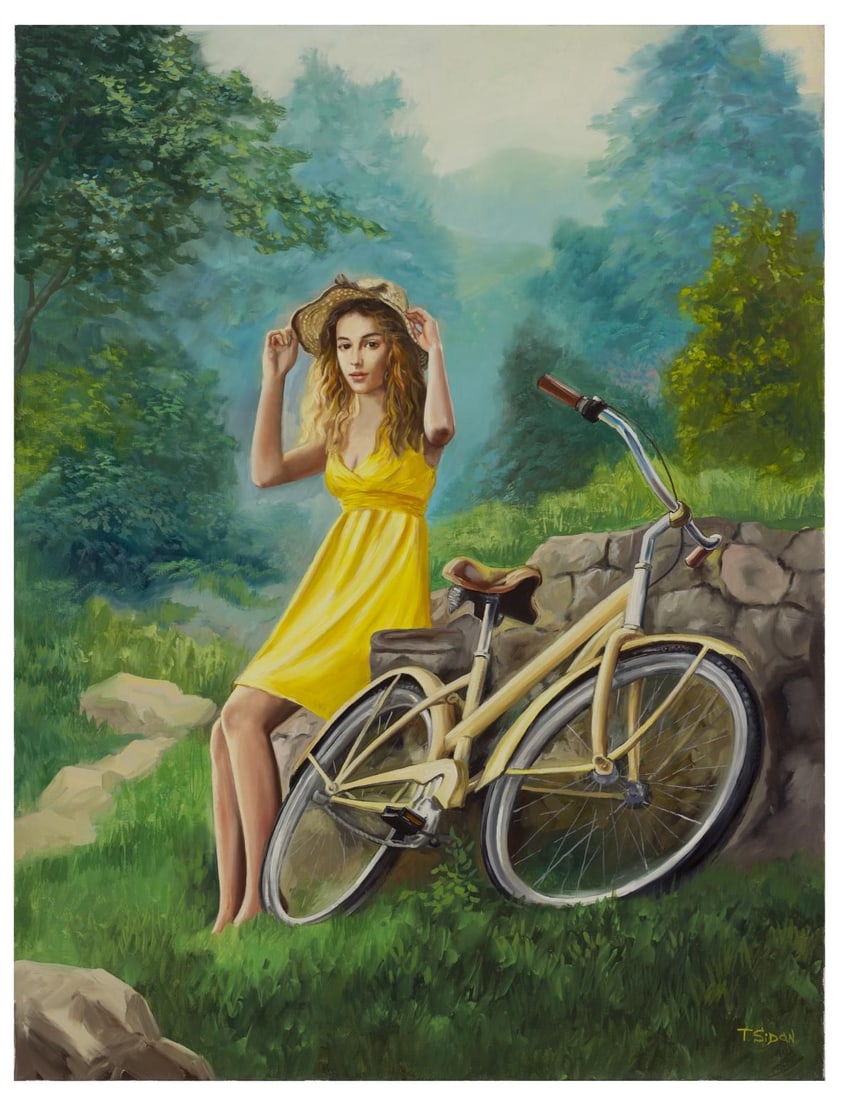 Taras Sidan- Original Giclee on Canvas "Woman Riding Bicycle in Park": Artist: Taras Sidan. Medium: Original Giclee on Canvas. Title: Woman Riding Bicycle in Park. Size: 30" x 24". Signature: Hand Signed and Numbered by the Artist. Certificate of Authenticity: From the