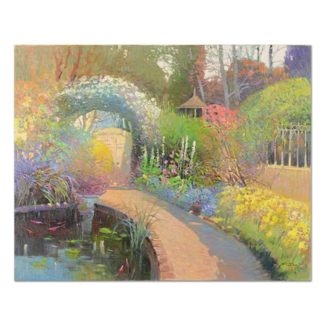 Ming Feng, "Koi Pond Garden" Original Oil Painting on Canvas, Hand Signed with Letter of (1 of 2)