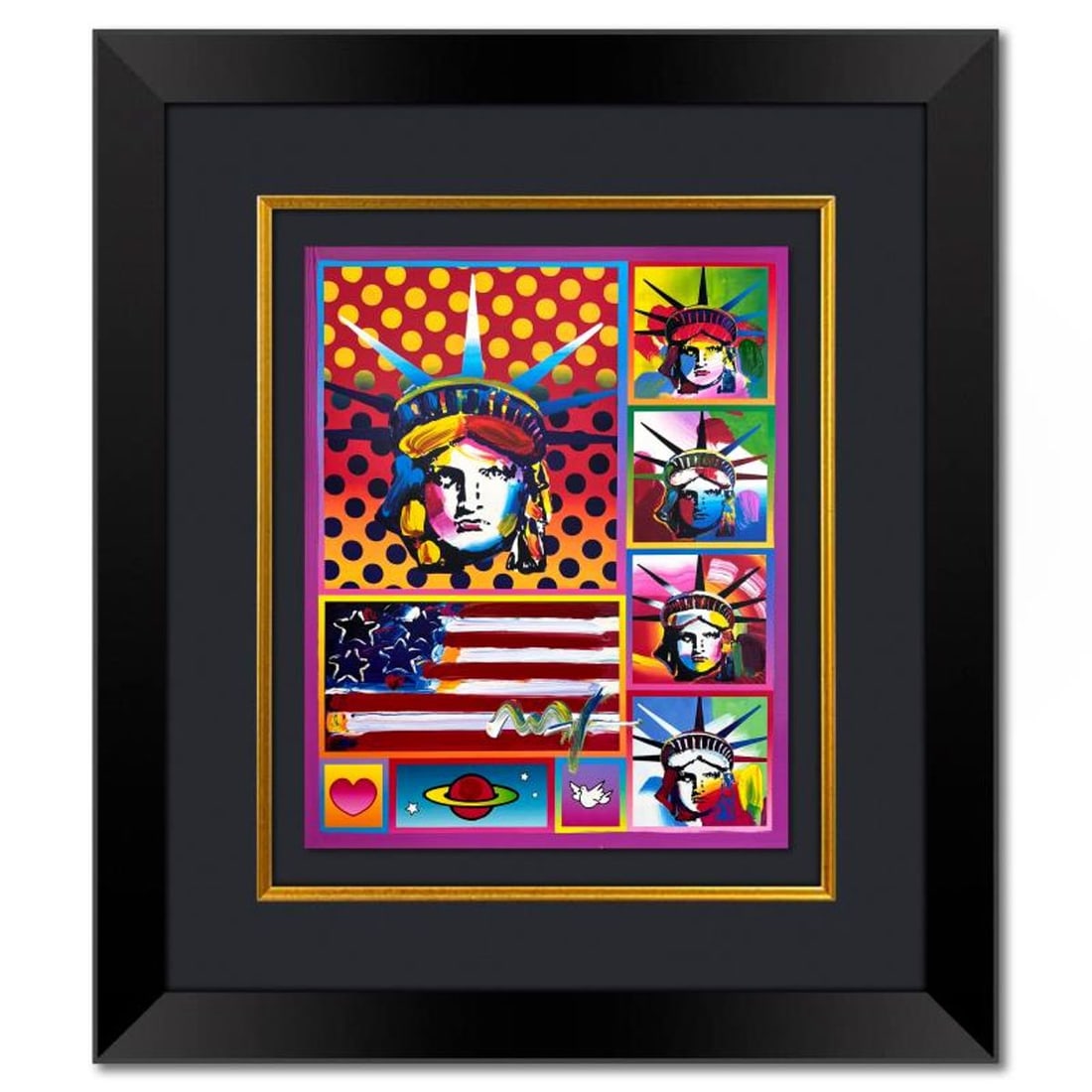 Peter Max, "5 Liberties and Flag" Framed One-of-a-Kind Mixed Media, Hand Signed with Registration (1 of 2)