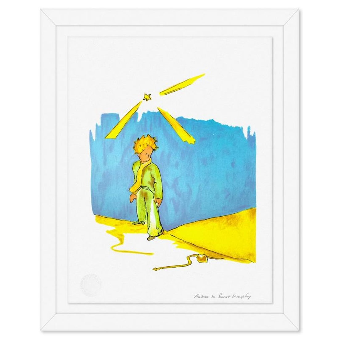 Antoine de Saint-Exupery 1900-1944 (After), "The Little Prince And The Snake" Framed Limited Edition: The Little Prince And The Snake is a limited edition lithograph on paper by Antoine de Saint-Exupery 1900-1944 (After), bearing the plate signature of the artist.This piece comes from an edition of