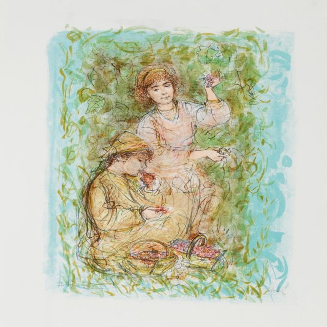 Vineyard Limited Edition Lithograph by Edna Hibel (1917-2014), Numbered and Hand Signed with: Vineyard is a limited edition lithograph on paper, numbered and hand signed by Edna Hibel (1917-2014). Includes Certificate of Authenticity! Measures approx. 18" x 22" (with border), 13" x 18" (image)