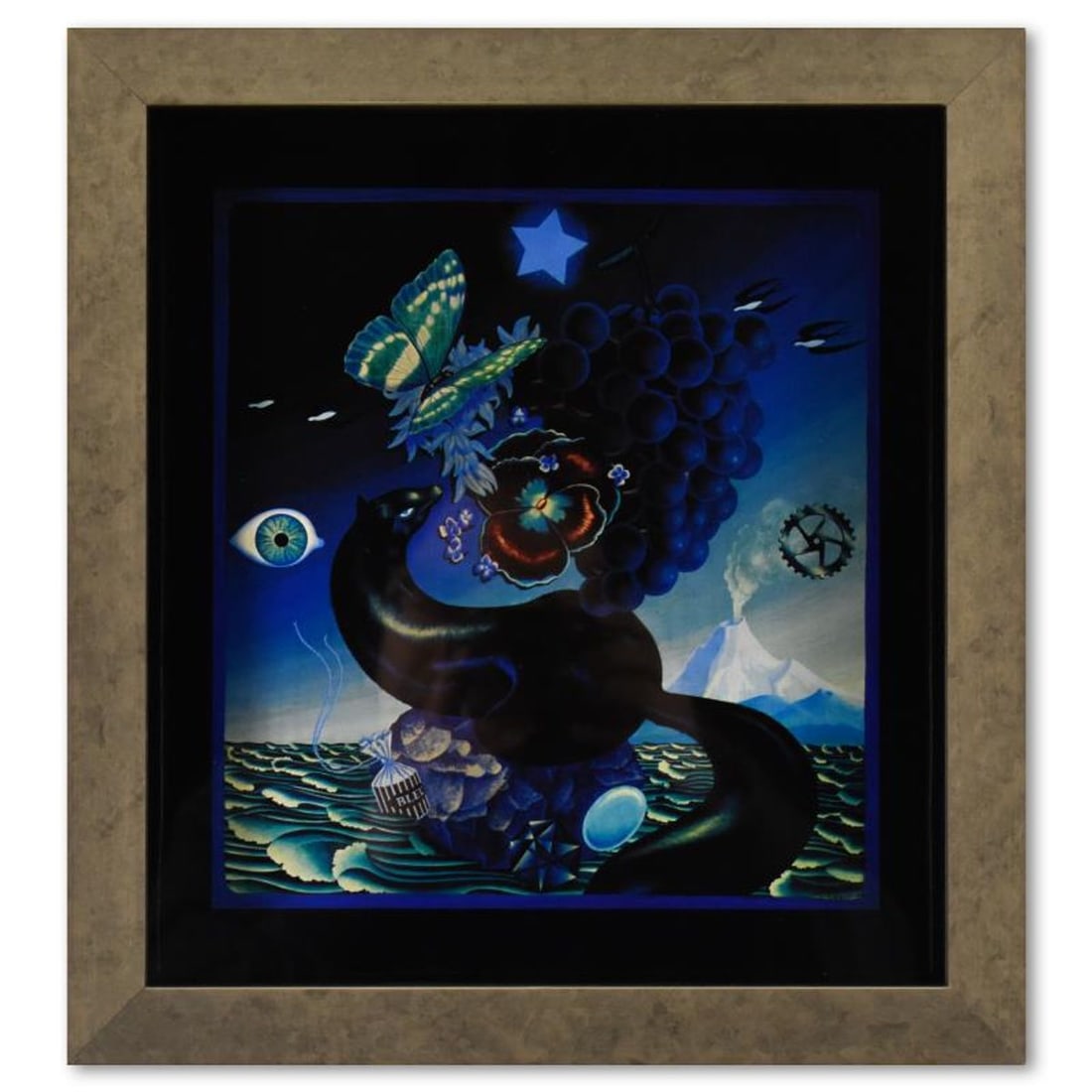 Victor Vasarely (1908-1997), "Etude En Bleu de la serie Graphismes 2" Framed 1977 Heliogravure Print: Etude En Bleu de la serie Graphismes 2 is a heliogravure print on paper, published in 1977, by Victor Vasarely (1908-1997). This piece comes custom framed, with a letter of authenticity and with a 197
