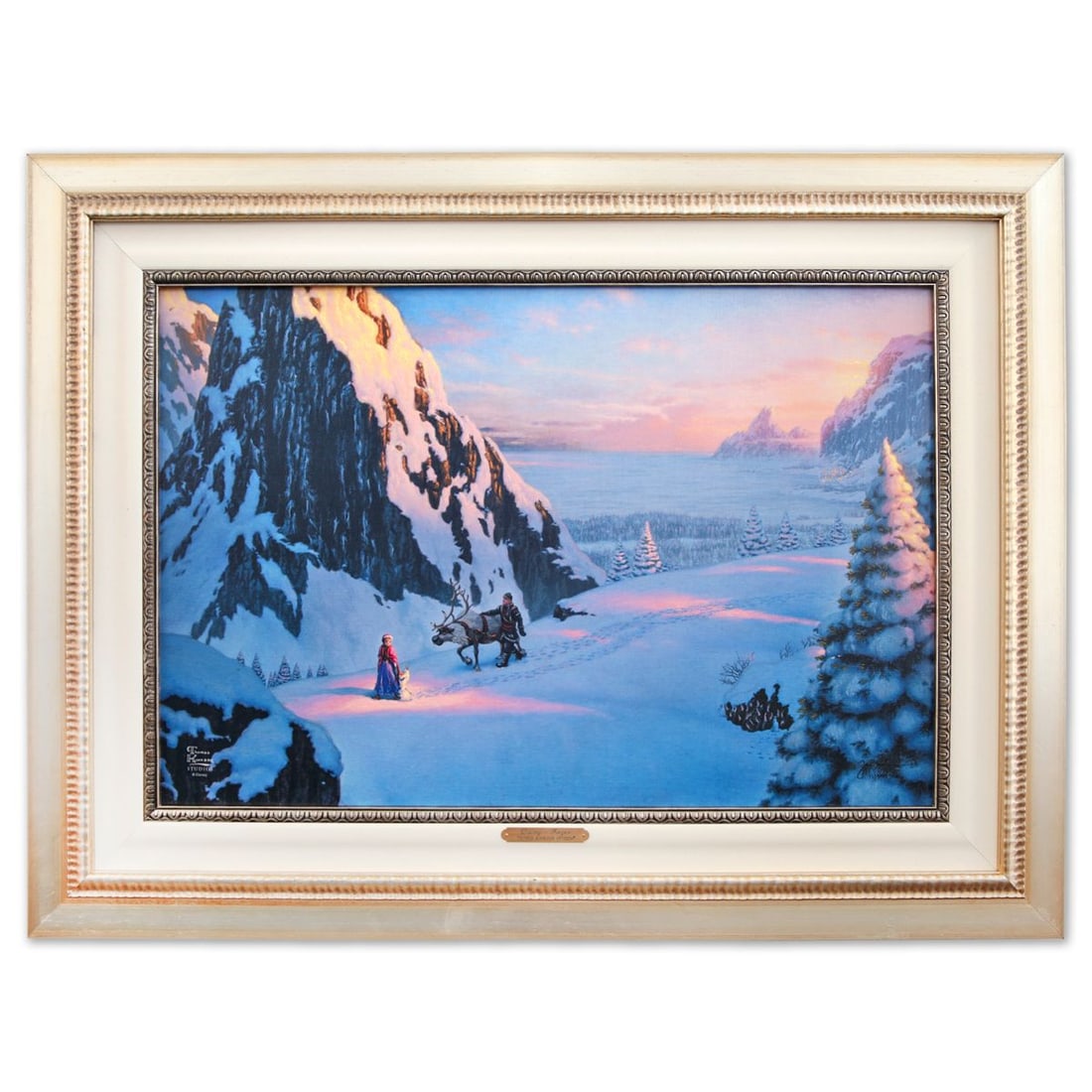 Thomas Kinkade- Hand Embellished Giclee on Canvas "Frozen": Artist: Thomas Kinkade. Medium: Hand Embellished Giclee on Canvas. Title: Frozen. Size: 17.5" x 26.5". Measures approx. 27" x 32" (framed). Signature: Hand signed and numbered. Certificate of