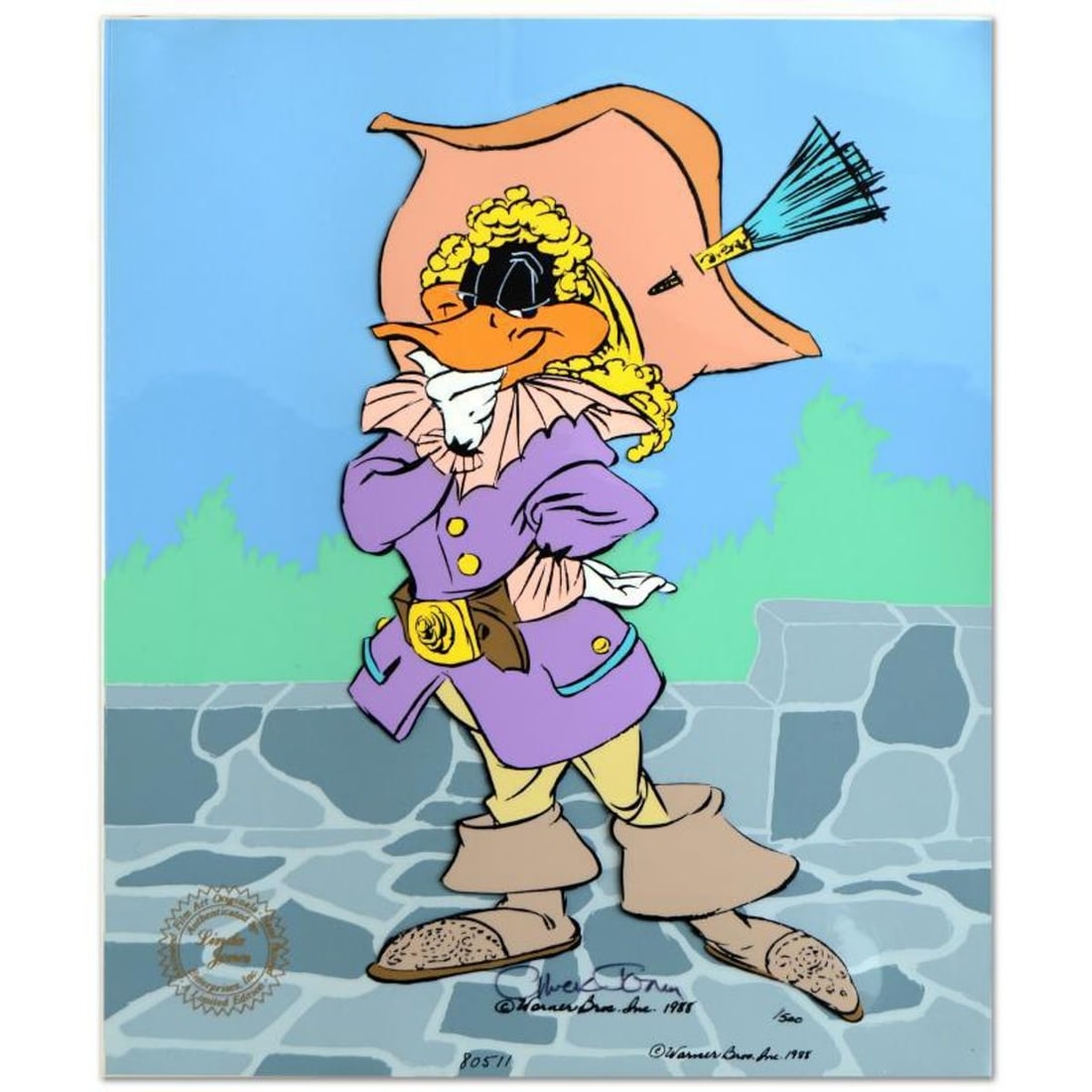 Chuck Jones (1912-2002), "Daffy Cavalier" Limited Edition Animation Cel with Hand Painted Color,: Daffy Cavalier is a SOLD OUT limited edition animation cel with hand painted color on sericel outline, dated (1988), numbered and hand signed by Chuck Jones (1912-2002)! The sericel comes with a brill