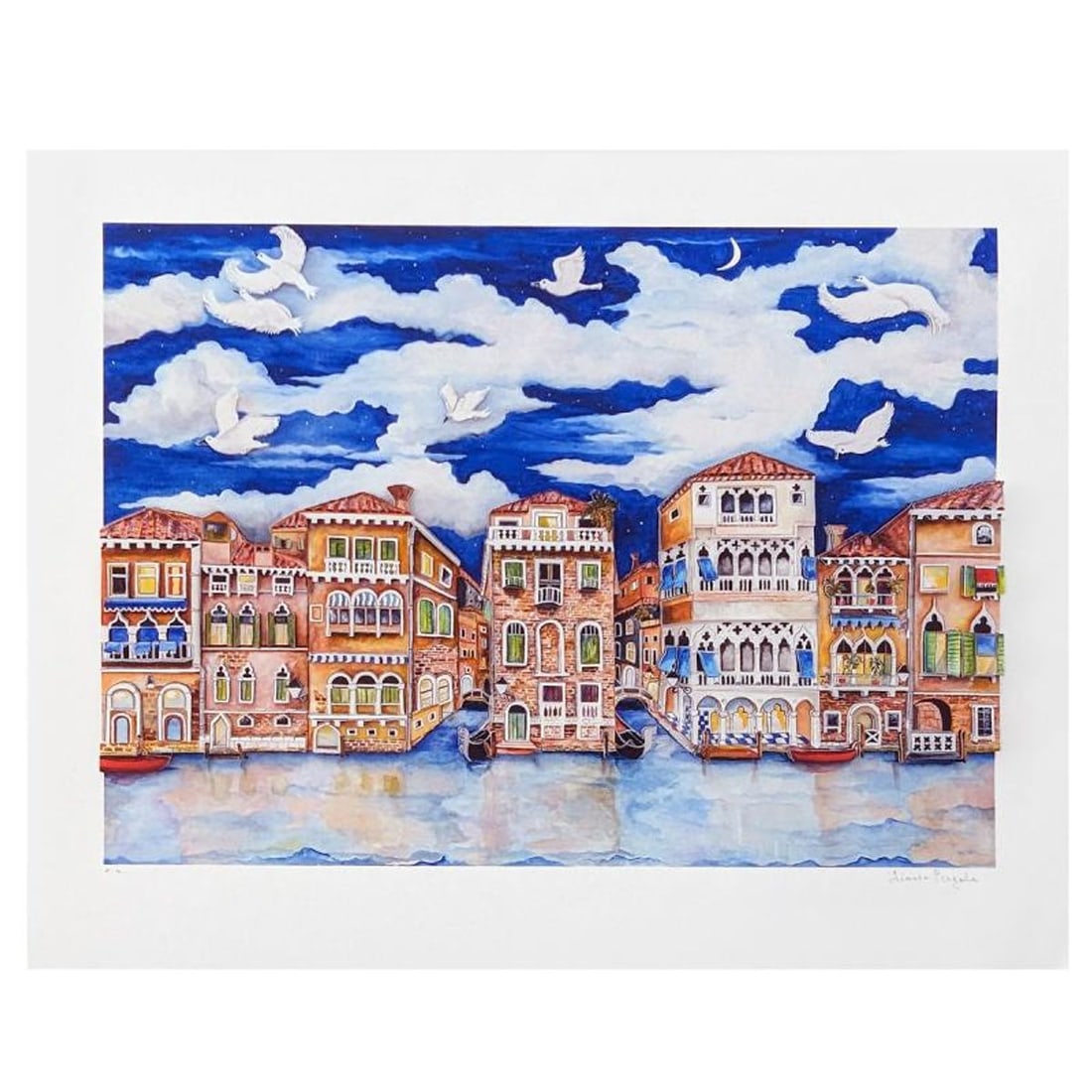 Linnea Pergola, "Moonlight over Venice" 3D Limited Edition, Hand Signed with Letter of Authenticity.: Moonlight over Venice is a limited edition 3D construct on paper by Linnea Pergola. The piece is numbered and hand signed by the artist. Includes letter of authenticity. Measures approximately 19" x 2