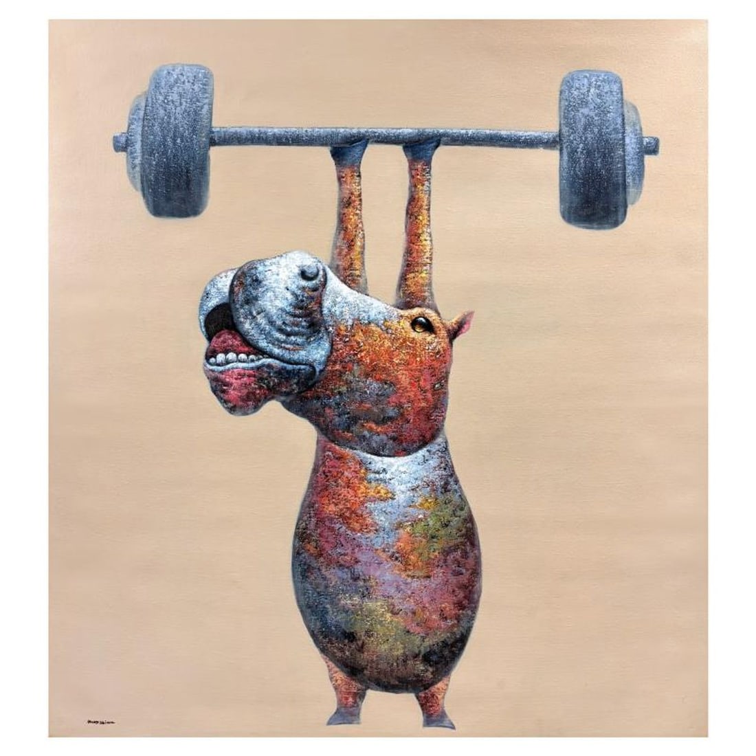 Wang, "Hippo Weight Amus" Original Mixed Media Painting on Canvas, Hand Signed with Letter of: Hippo Weight Amus is an original mixed media painting on canvas by Wang, hand signed by the artist. Includes Letter of Authenticity. Measures approx. 59" x 43" (image).