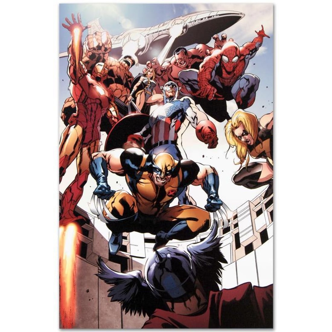 Marvel Comics "Annihilators: Earthfall #1" Numbered Limited Edition Giclee on Canvas by Tan Eng Huat: A piece of comic book history, this limited edition, from original art by Tan Eng Huat, depicts Wolverine, Captain America, Iron Man, Ms. Marvel, Spider-Man, Thing, Valkyrie, and Red Hulk. Named 'Best