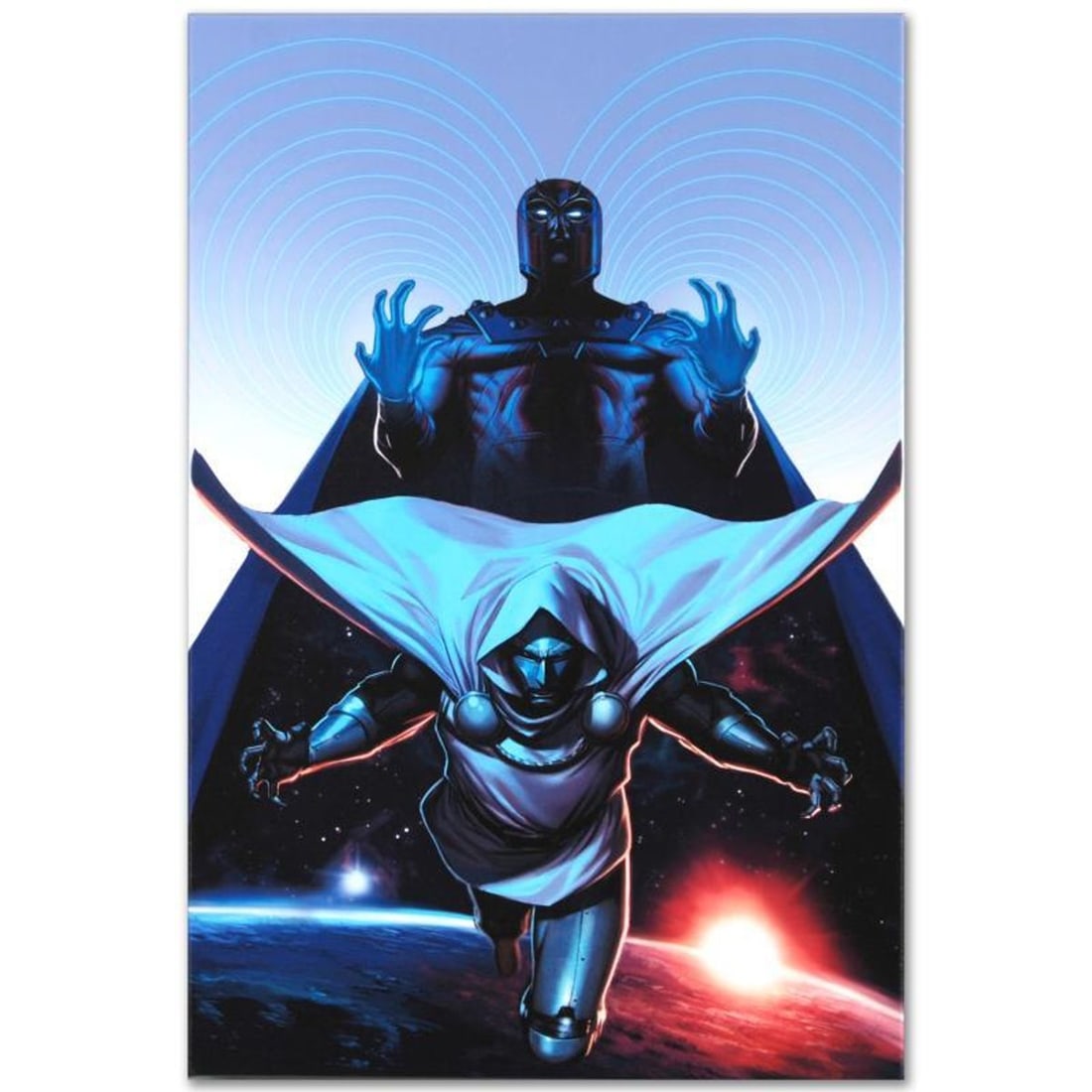 Marvel Comics "X-Men #16" Numbered Limited Edition Giclee on Canvas by Jorge Molina with COA.: A piece of comic book history, this limited edition, from original art by Jorge Molina, depicts the ominous Magneto and Dr. Doom. A recent addition to the Marvel family, Jorge Molina had previously ma