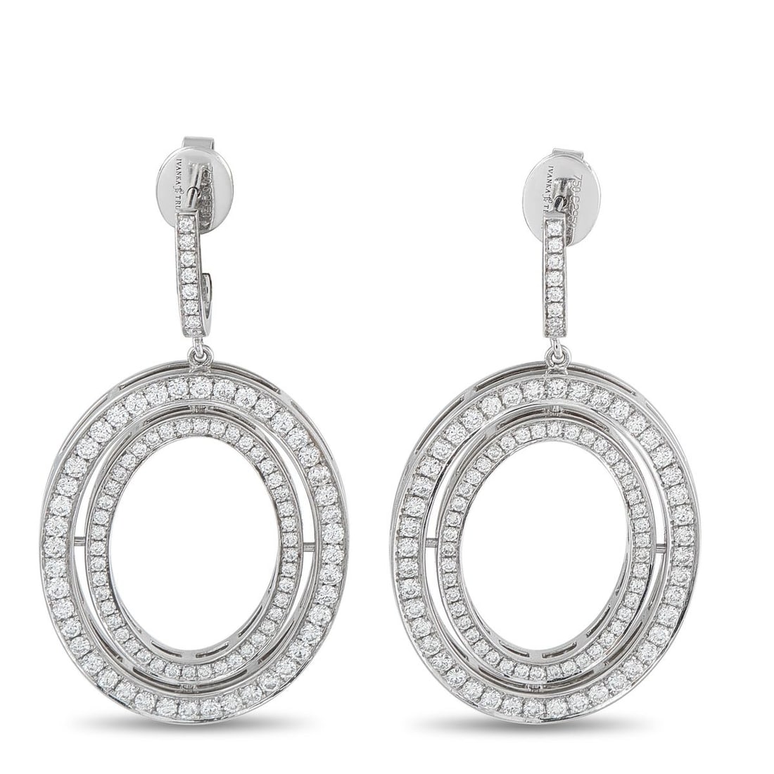 IVANKA TRUMP 18K WHITE GOLD 3.85CT DIAMOND AND ENAMEL DROP EARRINGS: Light catches these diamond earrings with ease, giving them formal elegance that works from day to night. Each earring features a concentric open hoop drop, suspended from a diamond-lined C-shaped hoo