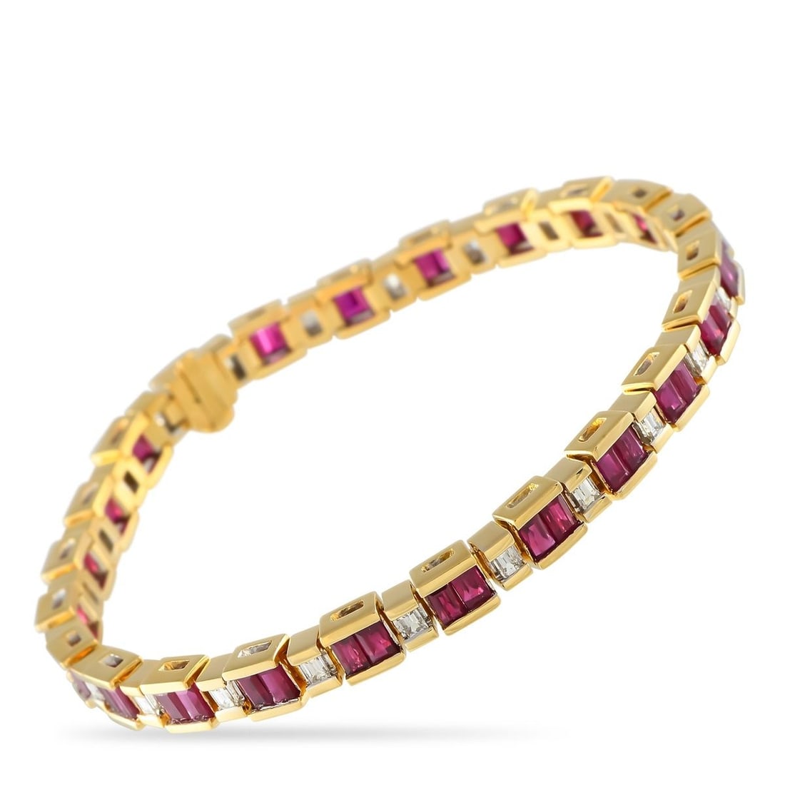 18K YELLOW GOLD 1.50CT DIAMOND AND RUBY BRACELET: Introducing a yellow gold bracelet designed with geometric precision, exuding timeless luxury. This piece features duos of step-cut rubies on half bezels set between baguette diamonds that are also on