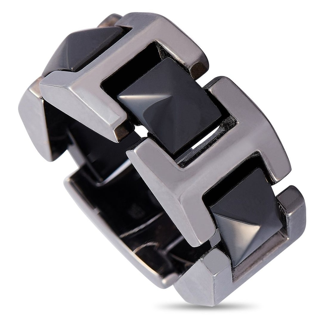 VERSACE 18K WHITE GOLD BLACK CERAMIC RING: This Versace ring is made out of 18K white gold and black ceramic and weighs 10.1 grams. It boasts band thickness of 10 mm and top height of 4 mm, while top dimensions measure 22 by 22 mm.The ring is