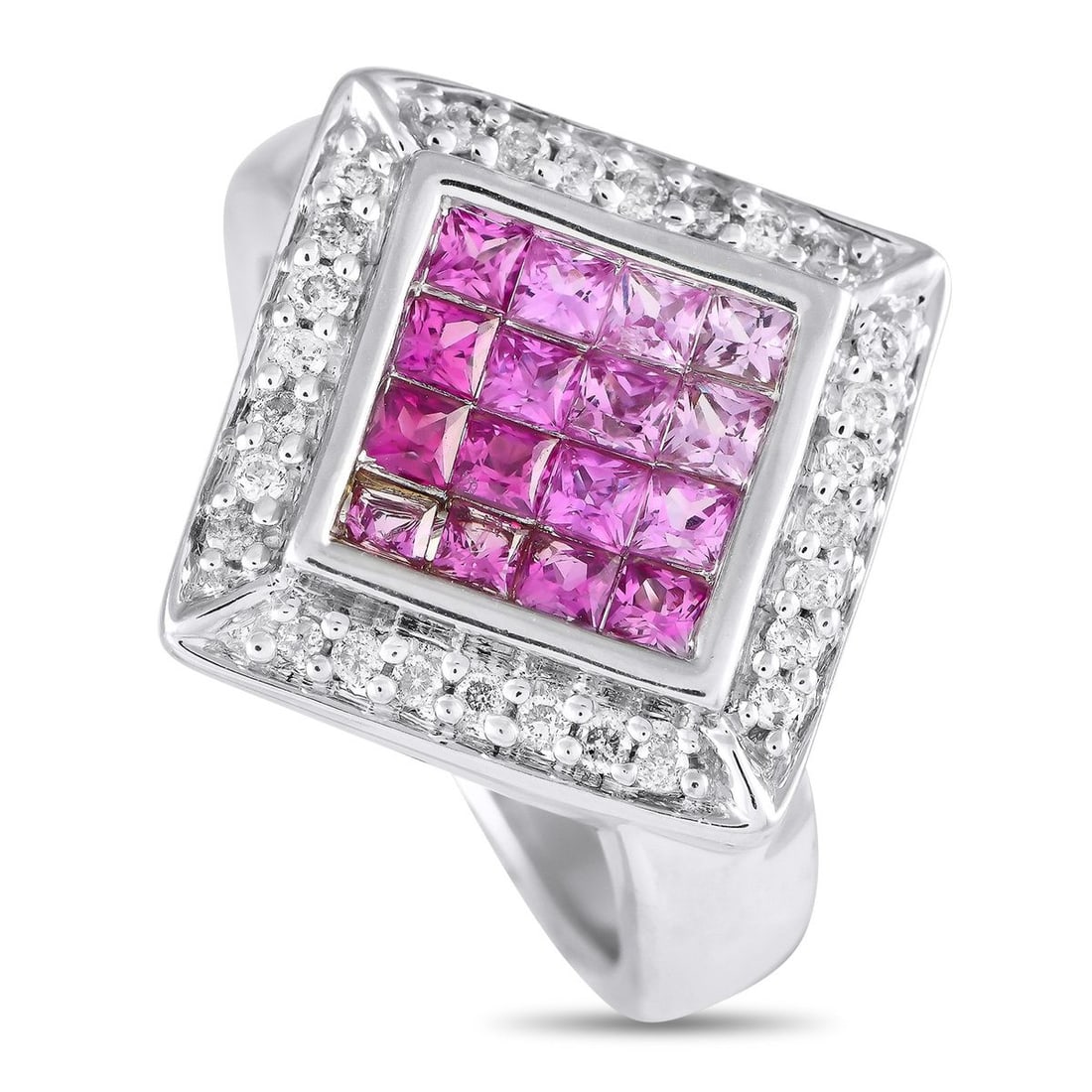 14K WHITE GOLD DIAMOND AND SAPPHIRE RING: This exquisite ring will add a pop of color to any ensemble. At the center of the 14K White Gold setting, Pink Sapphire gemstones totaling 1.05 carats serve as a stunning focal point. Diamonds with a