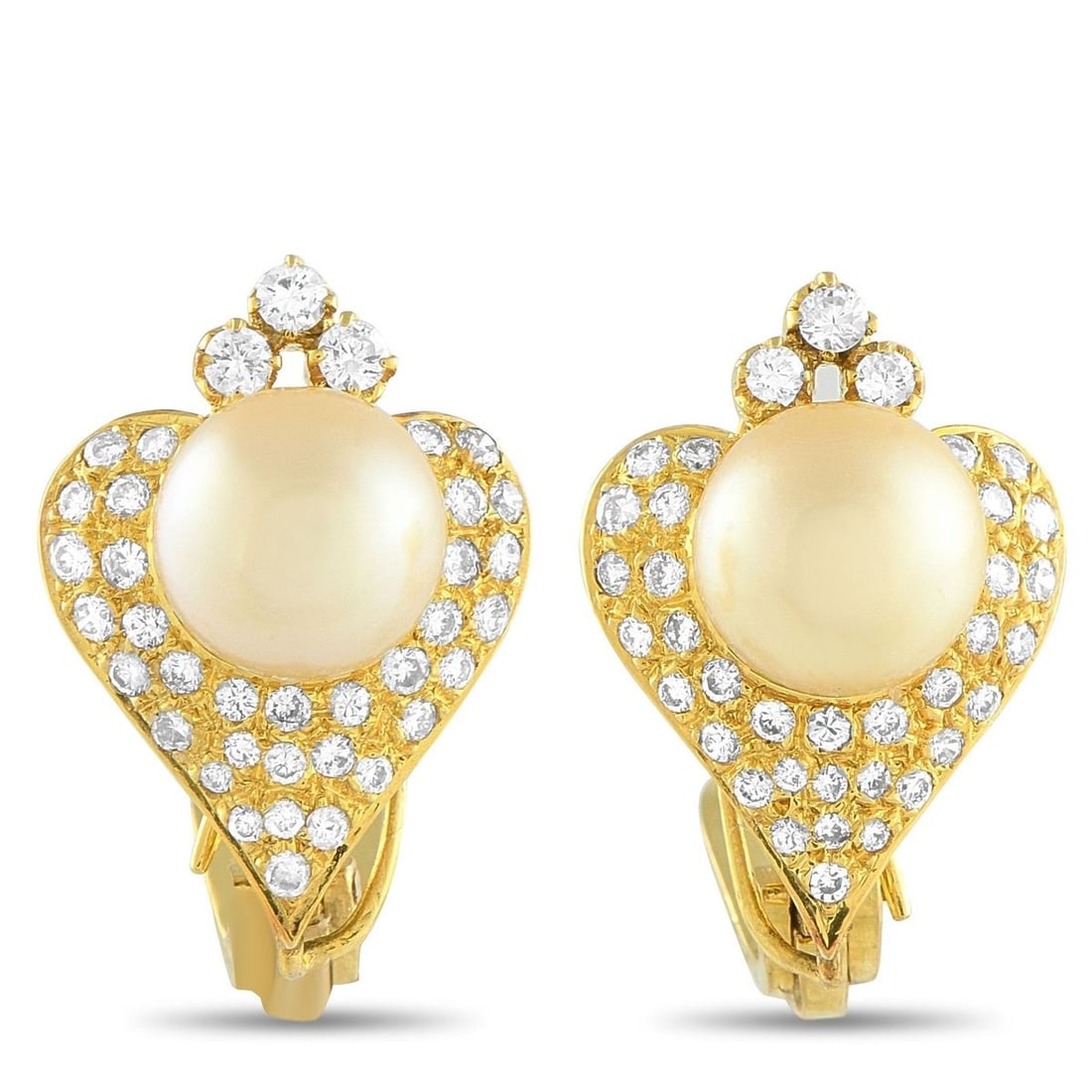 14K YELLOW GOLD 1.50CT DIAMOND AND GOLDEN PEARL CLIP-ON EARRINGS: These exquisitely crafted earrings will continually catch the light. The 14K Yellow Gold setting is elevated by inset Diamonds totaling 1.50 carats. At the center 9.5mm Golden Pearls add extra warmth 