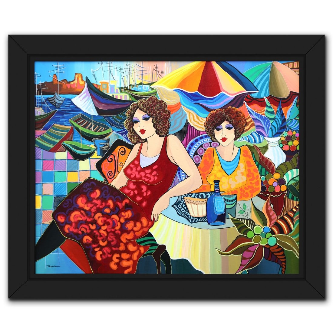 Patricia Govezensky- Original Acrylic on Canvas "Cafe by the Harbor": Artist: Patricia Govezensky. Medium: Original Acrylic on Canvas. Title: Cafe by the Harbor. Size: 24" x 30". Measures approx. 29.5" x 35" (framed). Signature: Hand signed. Certificate of Authenticity: