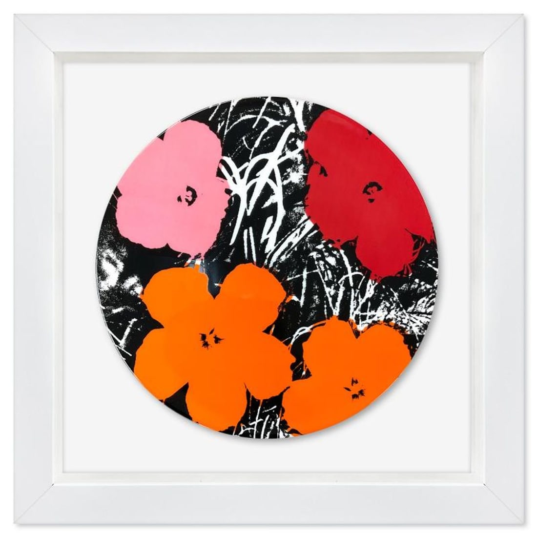 Andy Warhol (1928-1987), "Flowers" Framed Limoges Porcelain Plate.: Flowers is a Limoges porcelain plate bearing the plate signature inverso of Andy Warhol (1928-1987). This plate is custom framed and floated on linen. Measures approx. 16" x 16" (frame), 11" (plate di