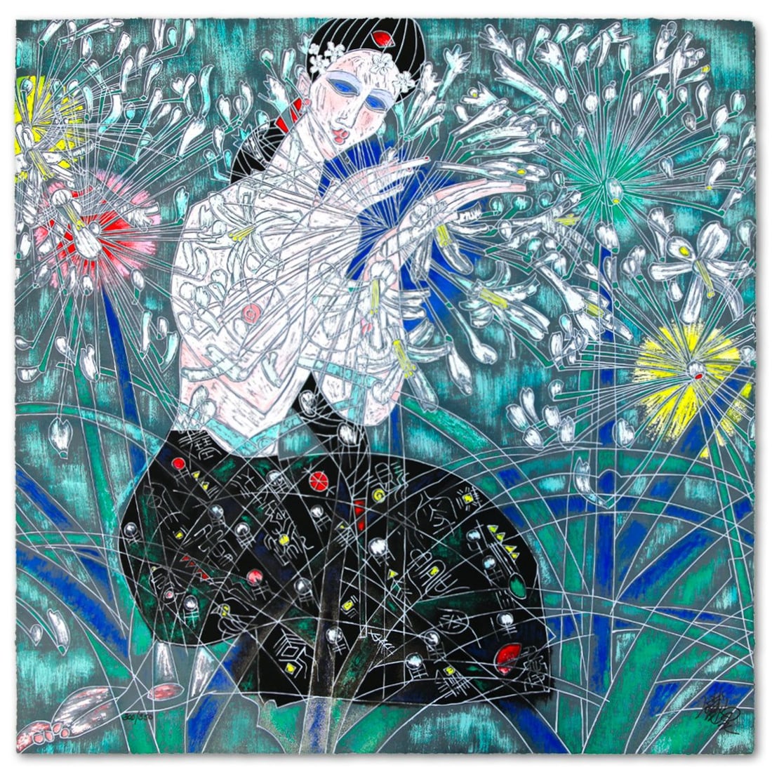 Jian Tie Feng- Silkscreen "Morning Flowers": Artist: Jian Tie Feng. Medium: Silkscreen. Title: Morning Flowers. Size: 33" x 33". Signature: Hand Signed and Numbered. Reference#: 80570.