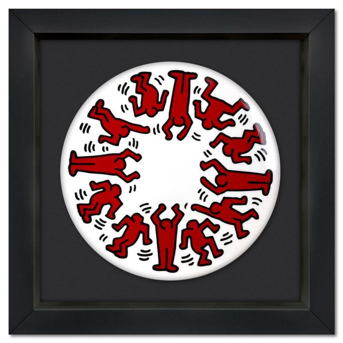 Keith Haring (1958-1990), "Red on White" Framed Limoges Porcelain Plate.: Red on White is a Limoges porcelain plate bearing the plate signature inverso of Keith Haring (1958-1990). This plate is custom framed and floated on linen. Measures approx. 16" x 16" (frame), 11" (pl