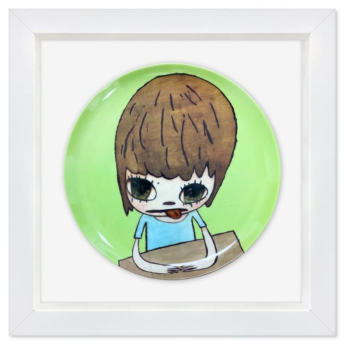 Yoshitomo Nara, "Girl in the Moon" Framed Limited Edition Fine Bone China Plate.: Girl in the Moon is a limited edition fine bone china plate by Yoshitomo Nara. This plate is custom framed and floated on linen. Measures approx. 15.5" x 15.5" (frame), 10.5" (plate diameter). This it